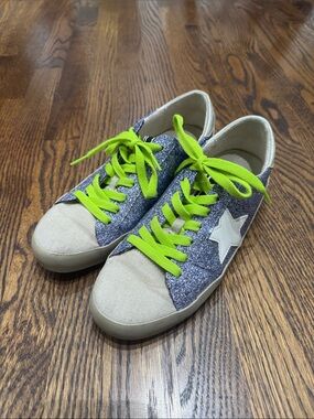 ShuShop Navy Glitter Sneakers with Lime Laces